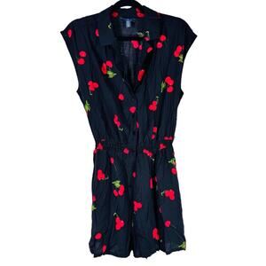 ModCloth Women's Black Cherry Print Romper Jumpsuit Large Button Front Collared